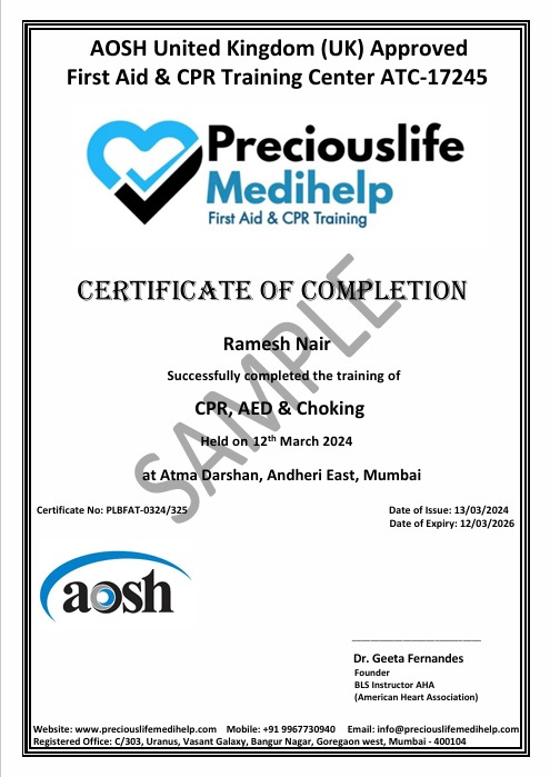 Onsite CPR AED Choking Training PreciousLife Medihelp   New Sample CPR AED Choking Certificate 24th 2024 